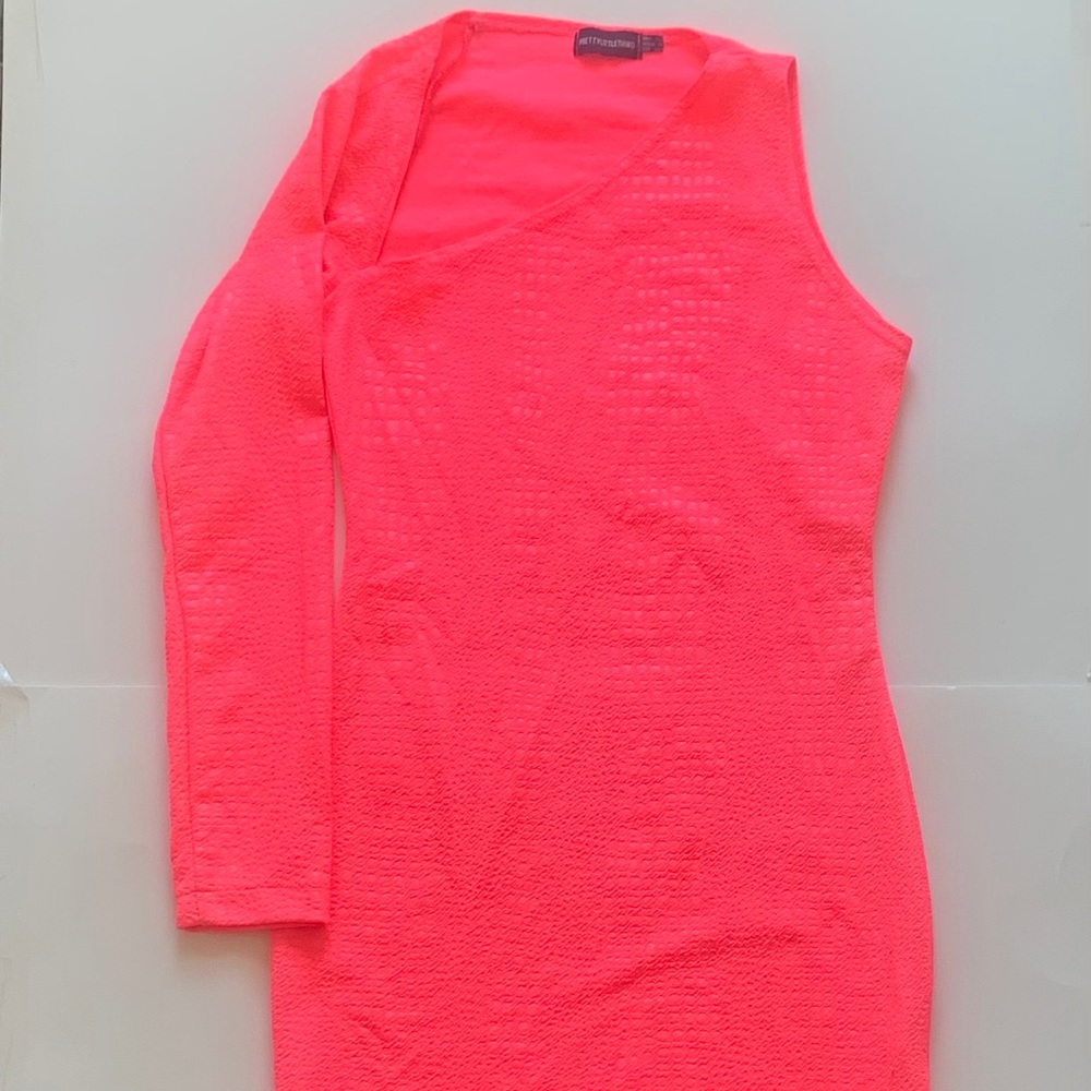 Neon pink one shoulder long sleeve short dress